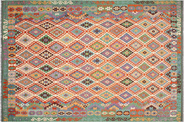 Flat Weave Kilim, Antique, Navaho, Vintage, Handmade, Geometric Kilim Beige Green Hand-Woven Rectangle 100% Wool Area Rug 8 x 11